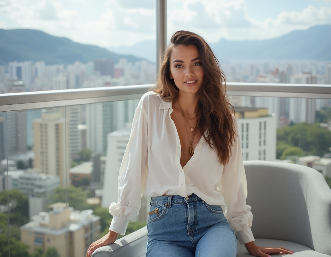 modelo book rosa de calça jeans na sacada da varanda na cidade de São Paulo - Book Privado
